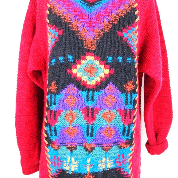 90's Woolrich  Red Tunic Sweater Red South Western - Picture 4 of 7